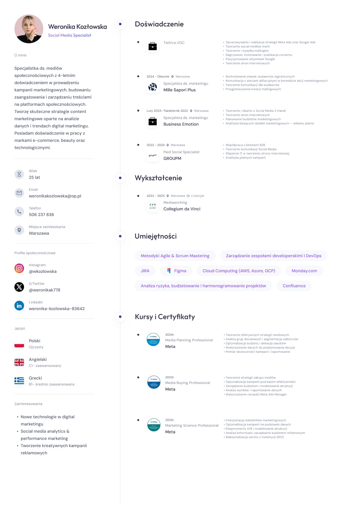 CV przykładowe - Social Media Specialist