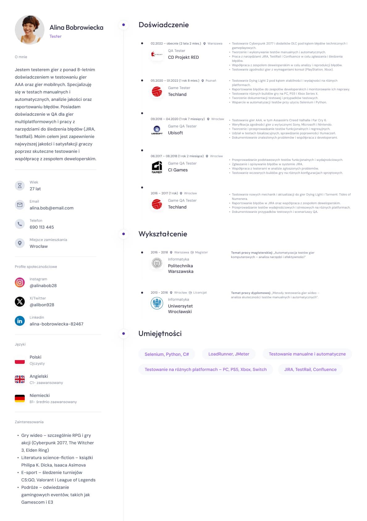 CV przykładowe - Tester Gier